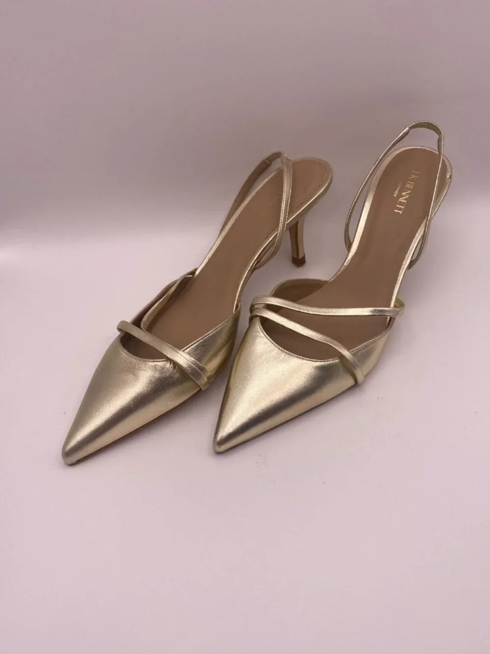 LK Bennett Womans Madely Gold Leather Double Strap Kitten Sz 39/ 9US